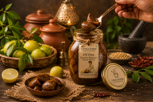 Zayka Farm Oil-Free Khatta Meetha Lemon Pickle – 100% Handmade Homemade No Oil Sweet & Tangy Lemon Pickle in Glass Jar