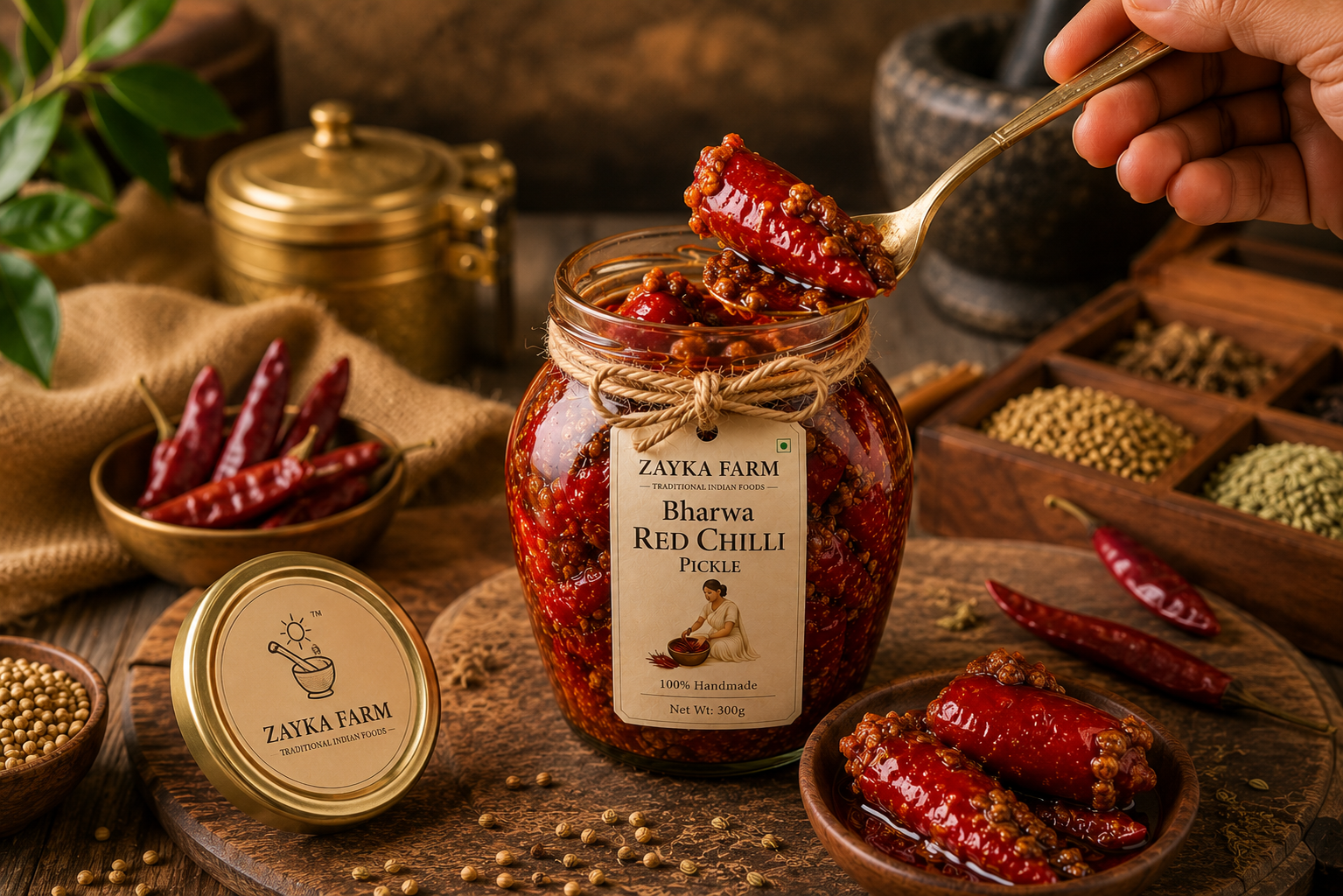 Zayka Farm Bharwa Red Chilli Pickle – 100% Handmade Homemade Stuffed Red Chilli Pickle in Glass Jar