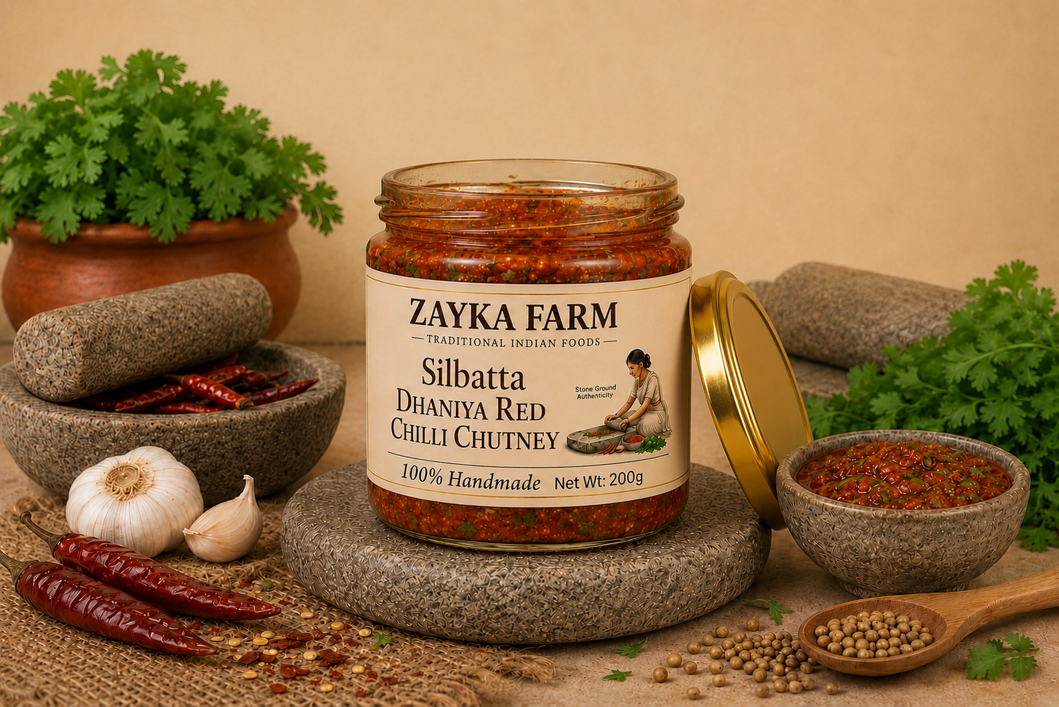 Zayka Farm Silbatta Dhaniya Red Chilli Chutney – 100% Handmade Homemade Stone-Ground Coriander & Red Chilli Chutney in Glass Jar