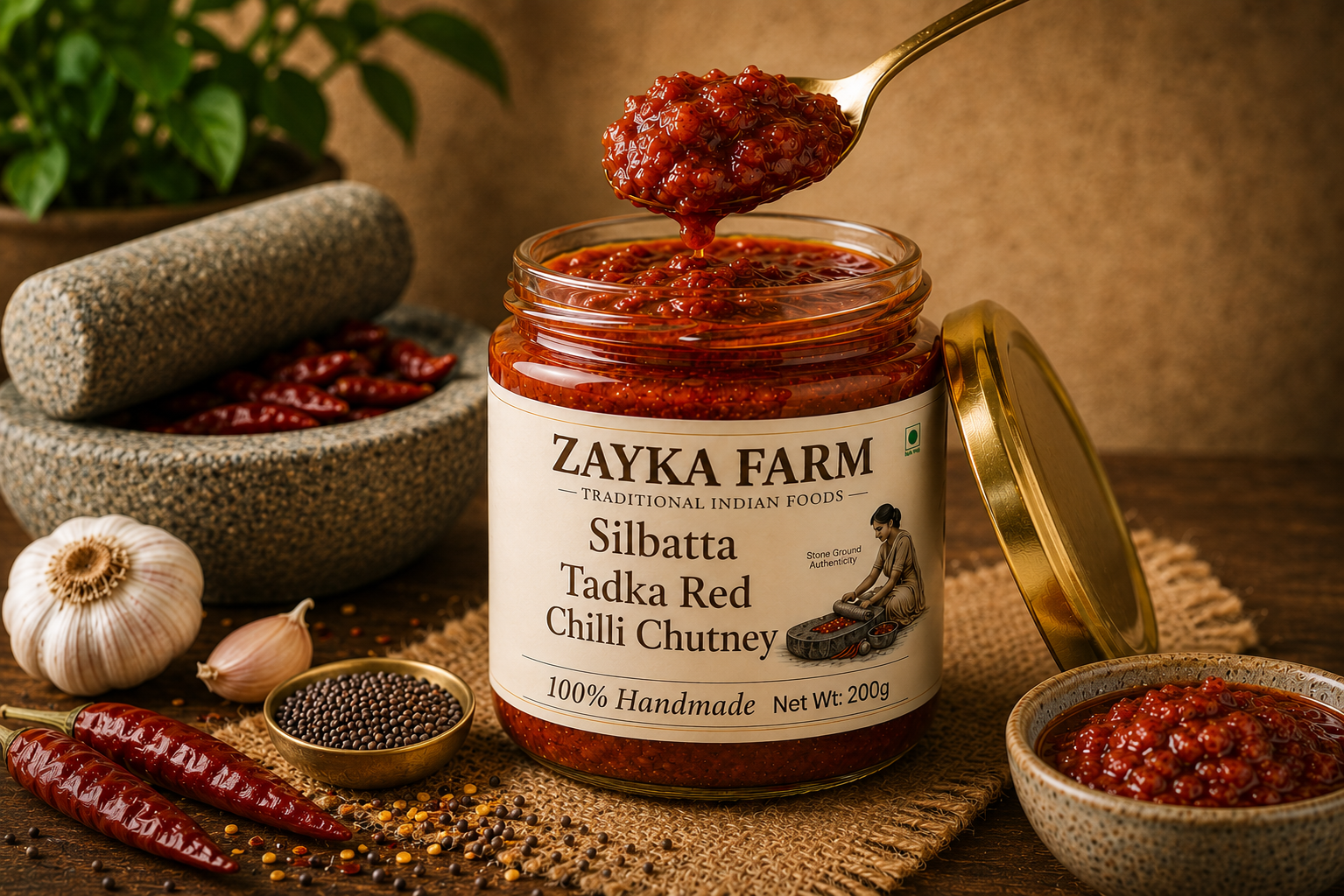 Zayka Farm Silbatta Tadka Red Chilli Chutney – 100% Handmade Homemade Stone-Ground Red Chilli Chutney with Authentic Indian Tadka in Glass Jar