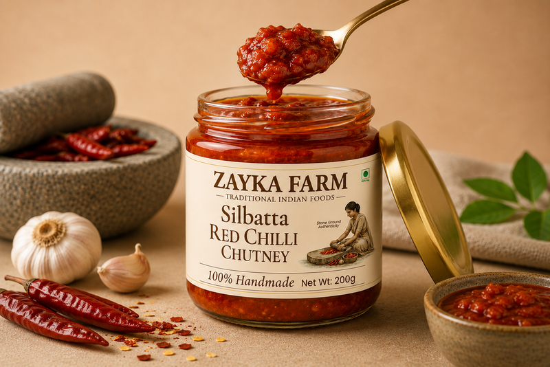 Zayka Farm Silbatta Red Chilli Chutney – 100% Handmade Homemade Stone-Ground Garlic Red Chilli Chutney in Glass Jar