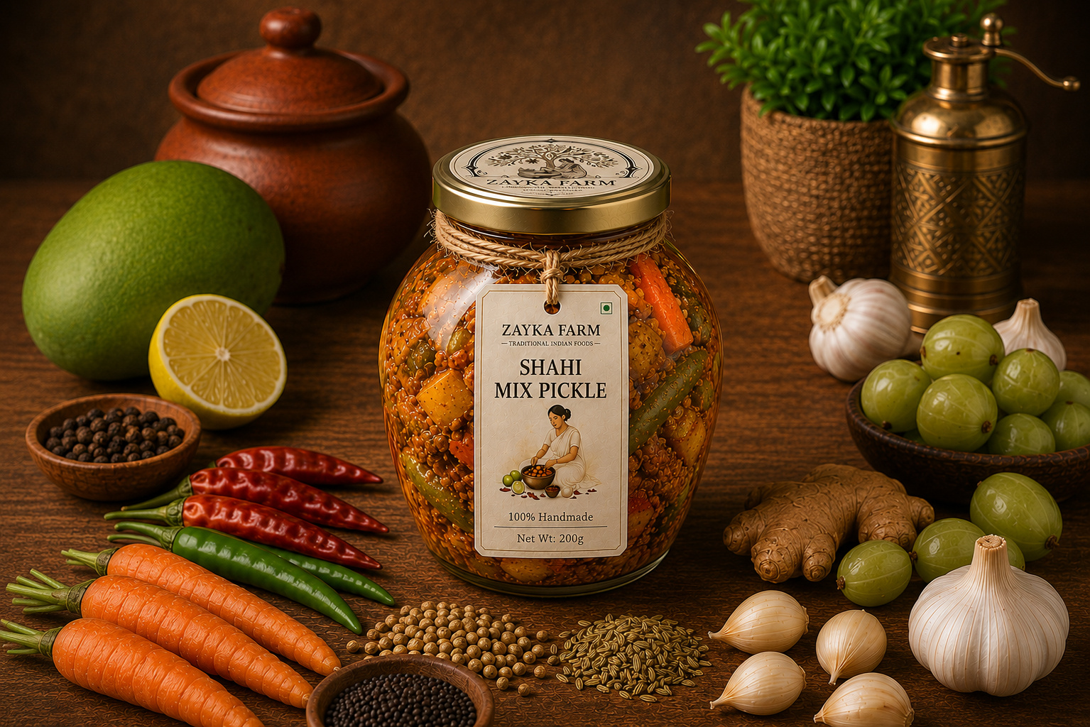 Zayka Farm Saat Rang Mixed Pickle – 100% Handmade Homemade Traditional Seven-Ingredient Mixed Pickle in Glass Jar